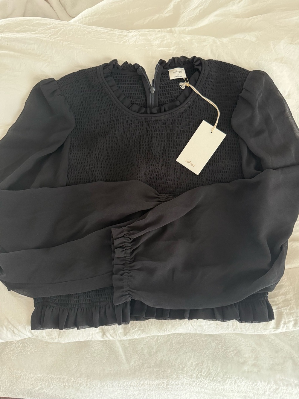 Aritzia Black Smocked Ruffle-Neck Long Sleeve Blouse